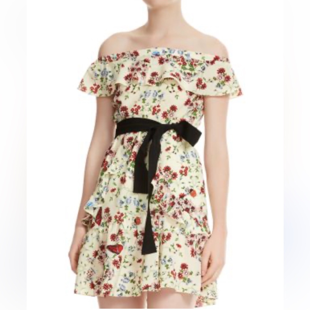 Maje 100% silk Floral Off-Shoulder Dress with Black Belt size 3 ( fits M/L) - Picture 2 of 11